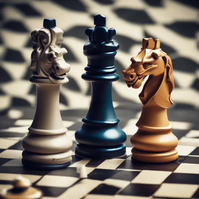 Market-neutral strategy: Chessboard with merger arbitrage knights (long positions) and shorting sector rooks (short positions), symbolizing risk management in stock markets