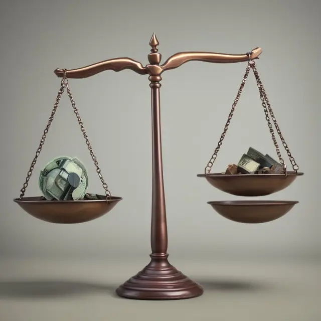 Two balances with transaction cost coins, counterparty risk boulders, and regulatory issue papers evenly poised