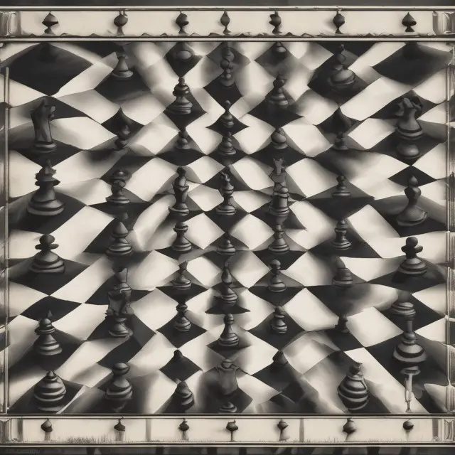 An intricate chessboard representing market neutral investing, with regulatory figures moving pieces and trend arrows influencing the game