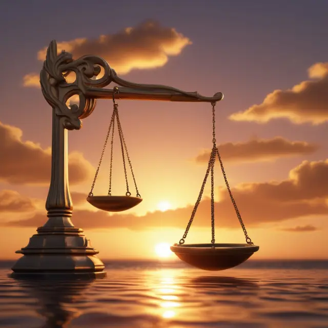 A golden scale tips toward the setting sun in an MOC orders illustration. This image represents balance in executing trades before the market closes.