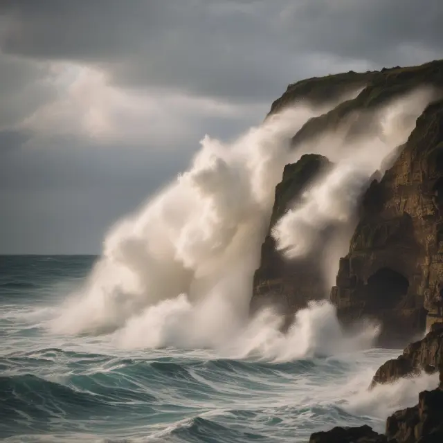 A market order represented as towering waves crashing against a cliff edge, illustrating the potential for slippage and its impact on an investor