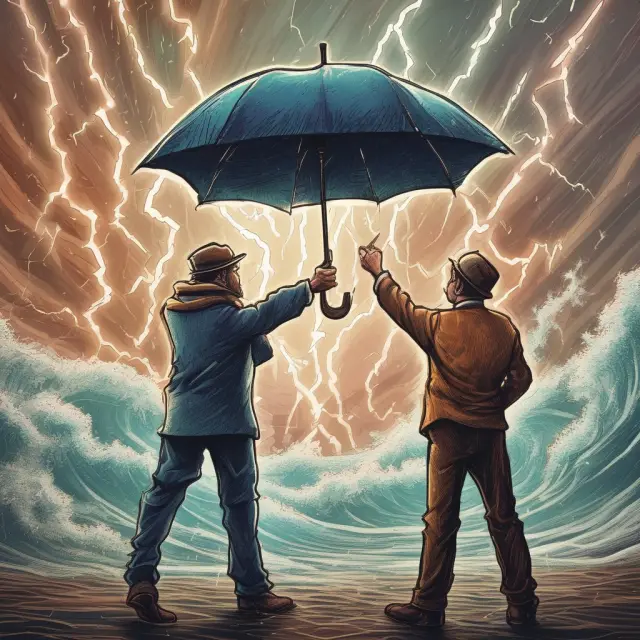 Two traders, one using a market order with a lightning bolt and the other employing a limit order with an umbrella, navigate stock price volatility