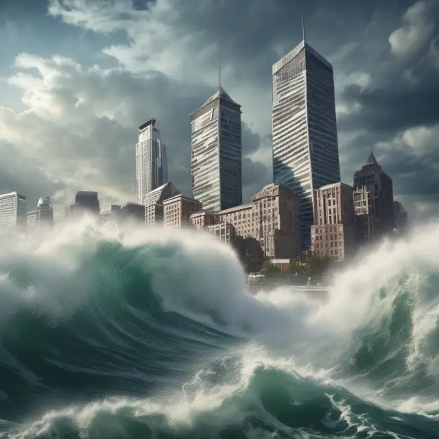 A sturdy financial tower confronts turbulent waves symbolizing recessions, political turmoil, interest rates, natural disasters, and terrorism as sources of market risk