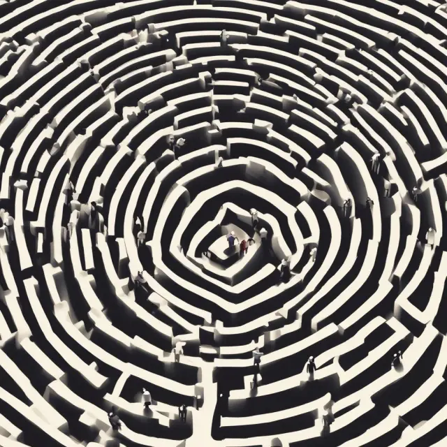 Real estate agents traversing a complex maze, symbolizing the challenges of market saturation in their industry.