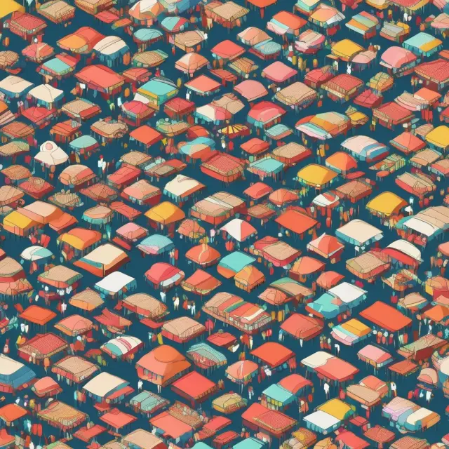 Crowded marketplace with various products creating a mosaic, symbolizing market saturation
