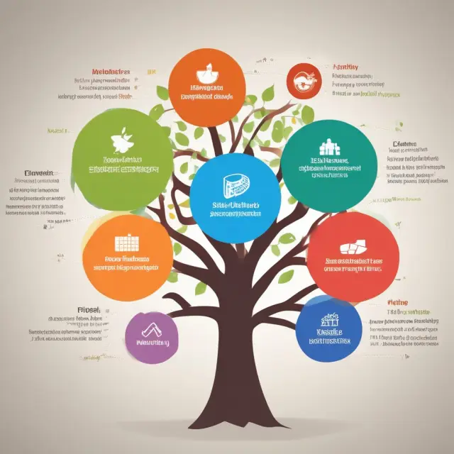 A tree with five branches representing demographic, firmographic, geographic, behavioral, and psychographic market segments blooming with various colorful flowers symbolizing diverse target customers