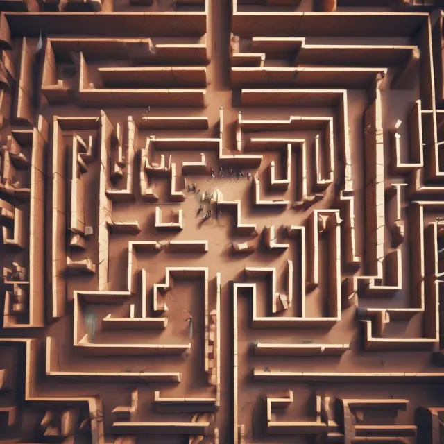 A complex maze representing the intricacies of market segmentation, with shifting walls signifying data accuracy, resource limitations, and customer loyalty.