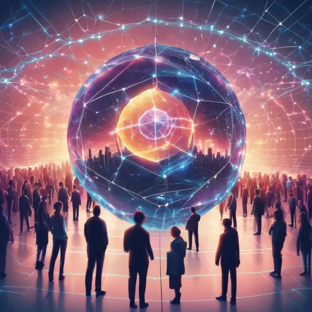 An innovative marketplace with big data, machine learning AI, and blockchain technology merging around a globe, symbolizing the future of market segmentation