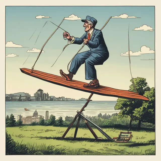An investor deftly balances on a see-saw between potential profits and losses while market timing