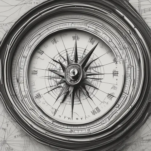 A compass representing market timing strategies, with interconnected tools for fundamental, technical, and quantitative analysis, surrounded by a ring of expert opinions