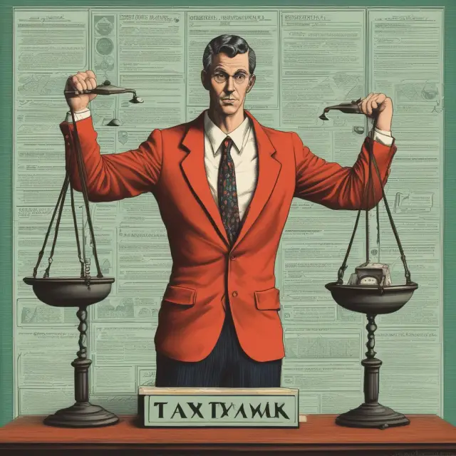 Tax man with balance scale measures stock market profits against short-term capital gains taxes