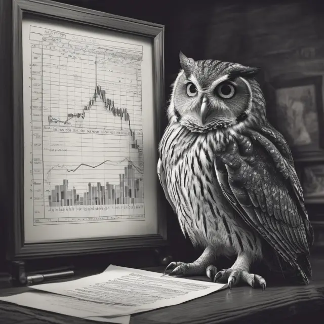 An owl ponders market timing strategies as it observes a graph displaying stock indices.