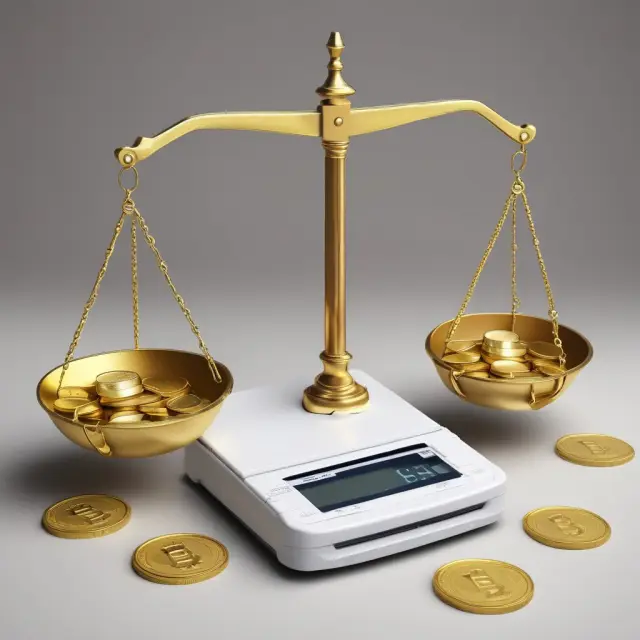 Golden scales balance physical coins and digital assets, representing financial institutions