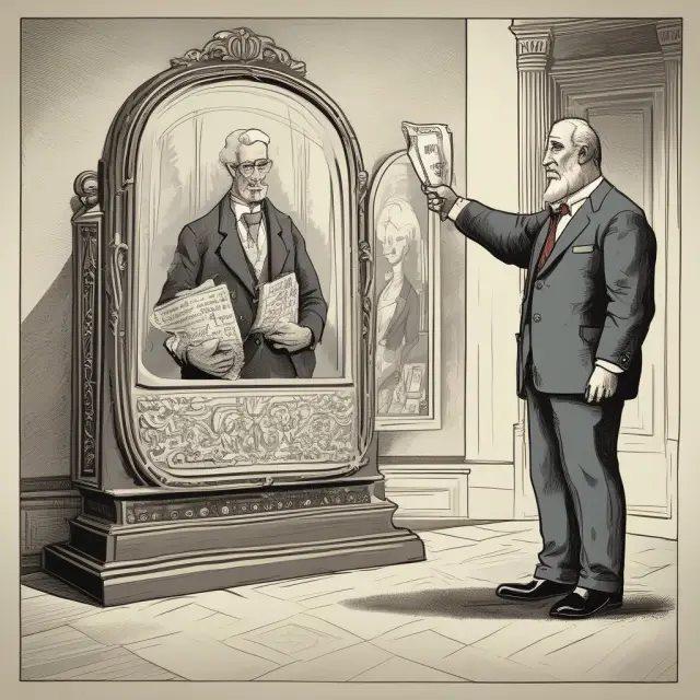 Personal accountant evaluating net worth with a mirror and a digital scale, contrasting historical costs with current market values.