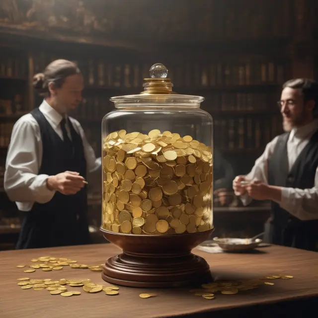 Transparent glass vessel illustrating gold coins exchanged between two dealers, symbolizing fair market transactions. Contrasts with opaque markup risks for investors.