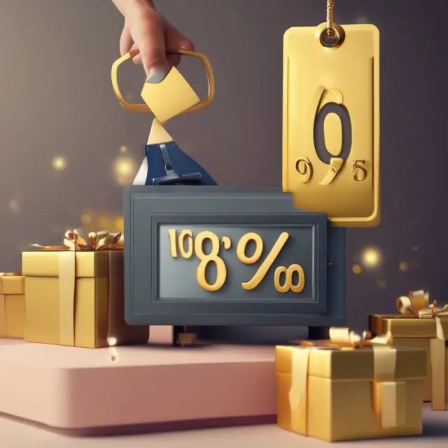 A retailer strategically adding a golden tag with a percentage increase to a costing scale, symbolizing markup in retail settings