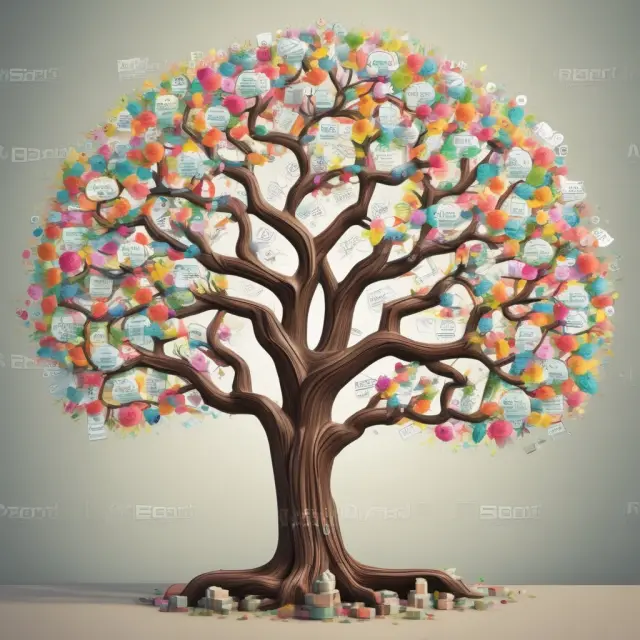 A lush tree grows amidst a bustling financial marketplace, its branches adorned with FAQs and answers about markups