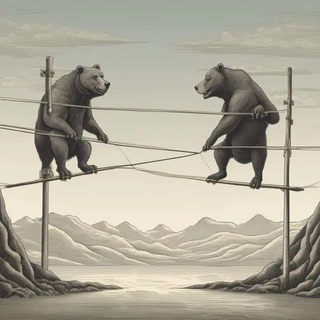 Married bears and bulls balancing on a tightrope represent the benefits and risks of using married puts in stock market investing.
