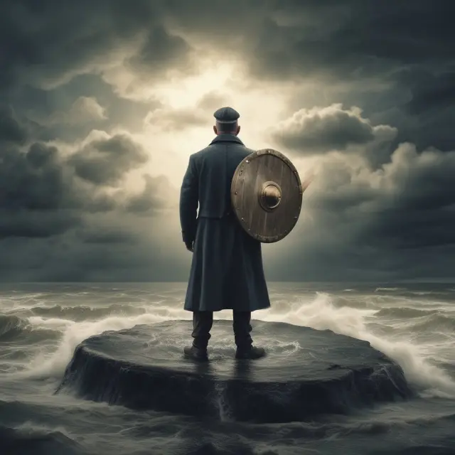An investor in protective gear holds a shield representing married put strategy against a background of stormy financial market waves