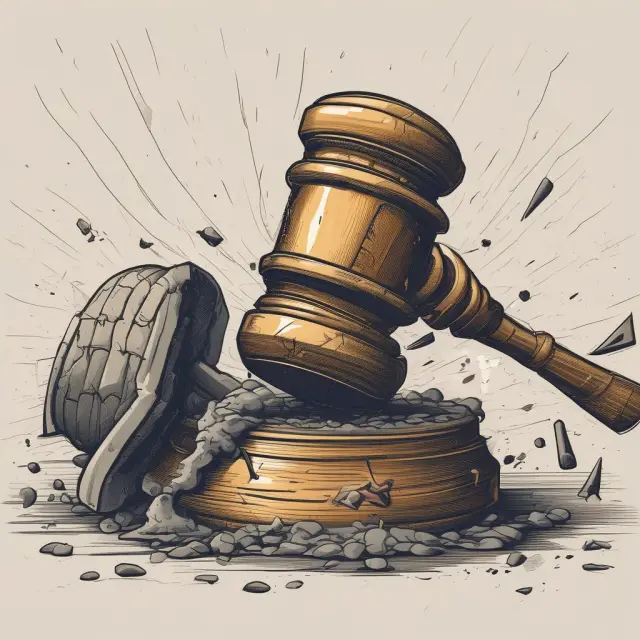 An image representing military tribunals replacing civilian courts during martial law. A military gavel shatters a civilian gavel symbolizing the suspension of civil courts.