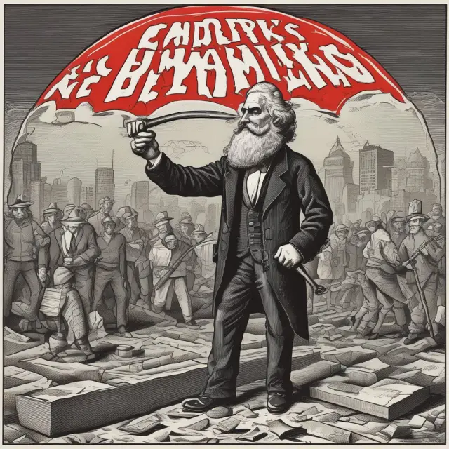 Marx holding a hammer and scales, symbolizing criticism of neoliberal policies, labor exploitation, and wage disparity