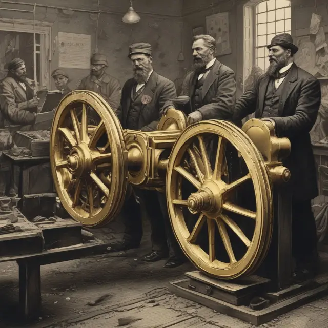 Workers spinning gears symbolize labor; surplus value dripping gold reveals exploitation under capitalism