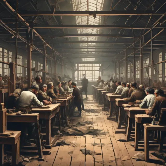 Marxist class struggle: Bourgeoisie and proletariat engage in an intense conflict over production, with the bourgeoisie controlling the factory and proletariat laboring.
