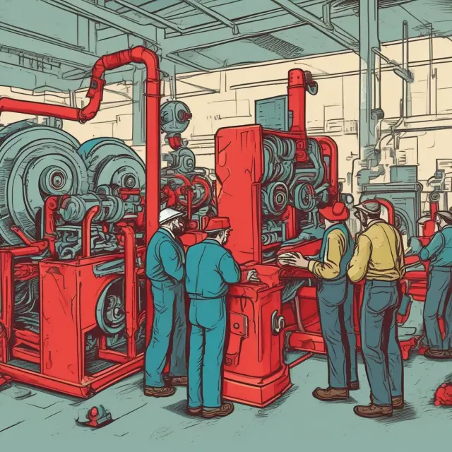 A worker stands detached from the machinery they operate in a desaturated factory setting, reflecting Marx