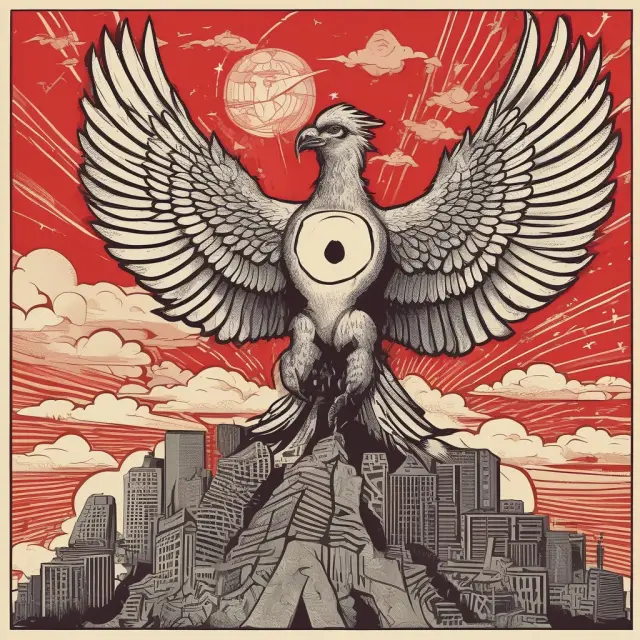 A socialist phoenix emerging from the ashes of capitalism, symbolizing the transformation into a communist utopia.
