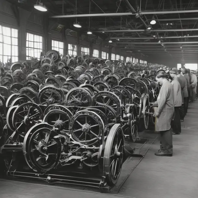 Gears symbolizing workers turn into a conveyor belt of Ford Model T automobiles