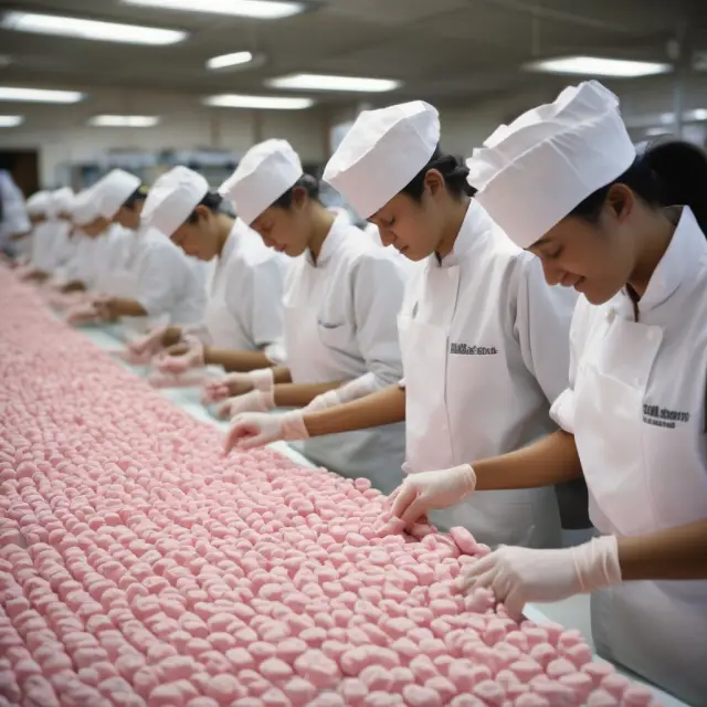 Workers on an assembly line create marshmallow Peeps, symbolizing mass production