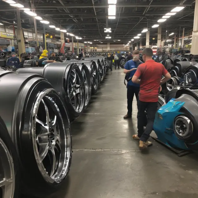 A factory scene with grinding wheels symbolizing production disruptions, surrounded by mountains of regulatory documents and labor-related turmoil