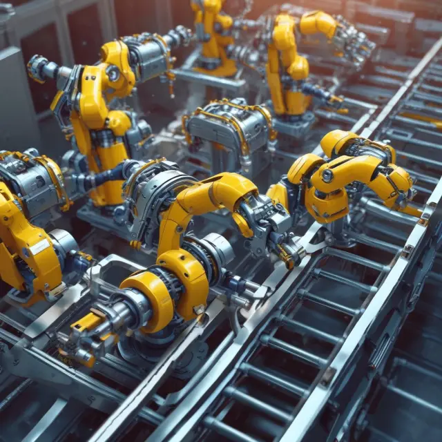 Robots working together on an assembly line, integrating automation and robotics for increased efficiency and quality in mass production processes