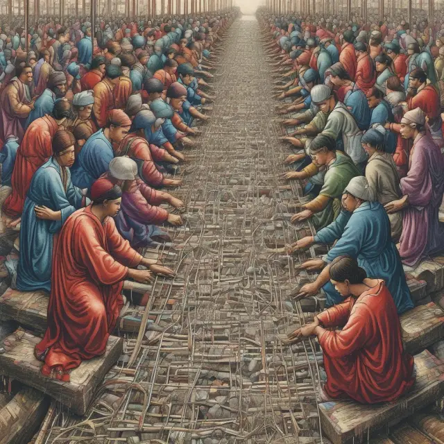 A group of factory workers from around the world working in harmony to create a beautiful and intricate tapestry, reflecting the global impact of mass production on labor markets