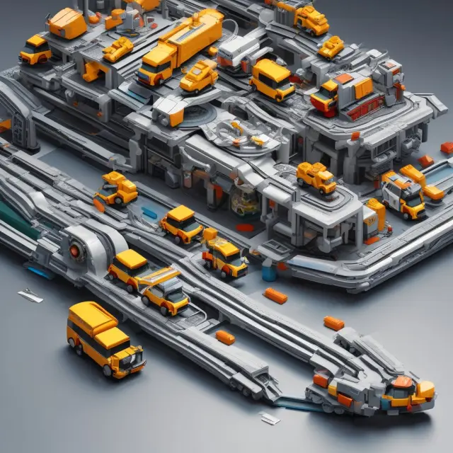 A forward-thinking factory with Lego blocks producing cars on a 3D-printed conveyor belt, embodying the adaptive and innovative essence of mass production