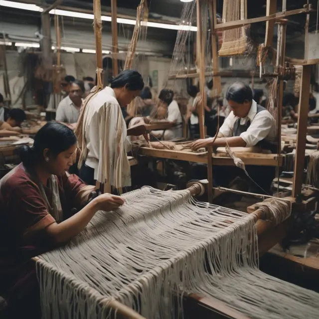 Image of skilled artisans creating intricate, handcrafted items on a table surrounded by the rhythmic background noise of an assembly line