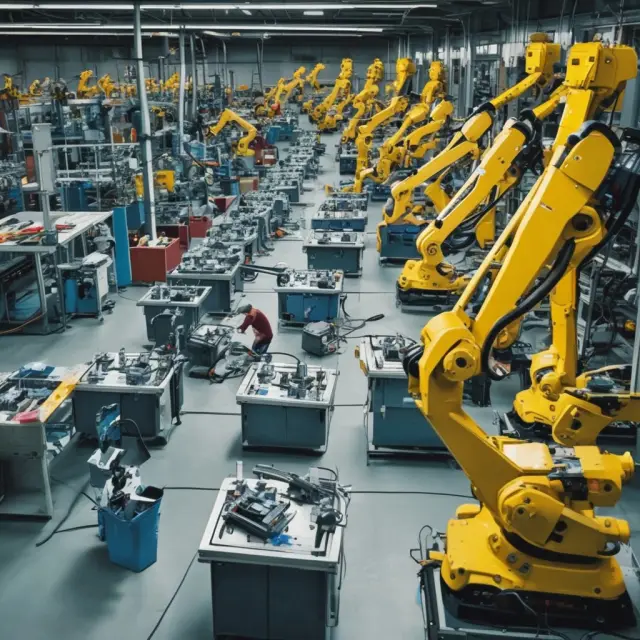 A robot-assisted manufacturing line producing customized parts on demand, illustrating the integration of lean manufacturing and automation in mass customization processes.
