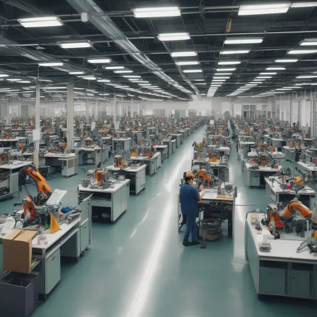 Workers collaborate with robots in a mass customization factory, crafting personalized products using interchangeable parts