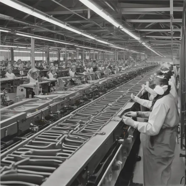 An assembly line filled with interchangeable parts coming together to form various unique products, reflecting the essence of mass customization.