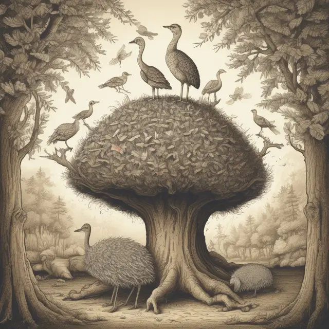 A hedgehog, tortoise, and ostrich sitting on interconnected branches symbolizing Hedge Funds (HF), Mutual Funds (MF), and Funds of Funds (FoF) master-feeder structures