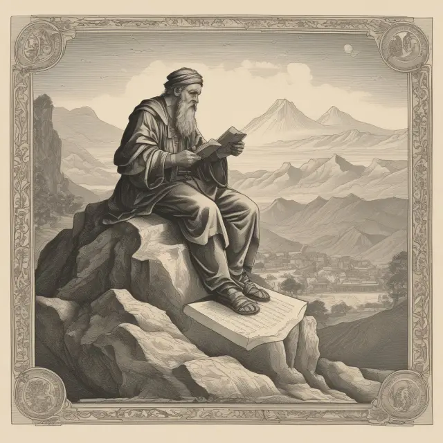 Scholar examining an antique MPA degree scroll on the peak of wisdom mountain