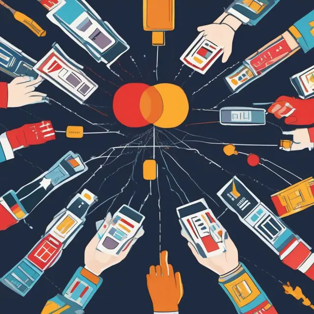 A Mastercard network symbolically connecting a gold credit card, silver debit card, and blue prepaid card