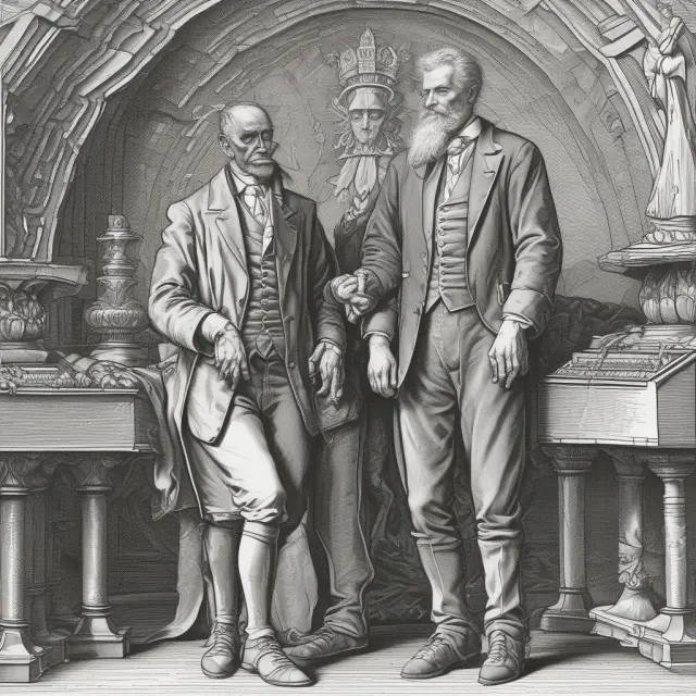 A market scene with specialists in suits holding ropes, securing an orderly flow of trades between market makers represented by scales balancing buy and sell orders.