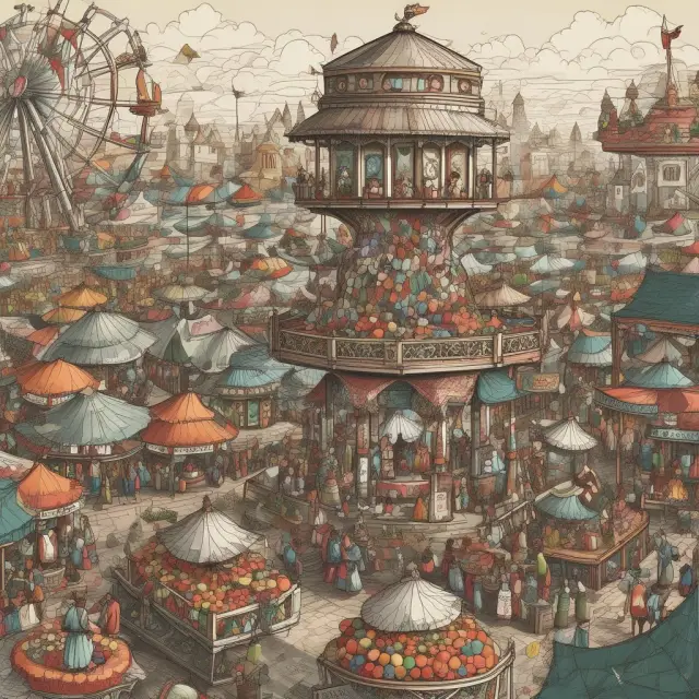 An image of fair scales with various buy and sell orders balanced efficiently in a lively marketplace setting