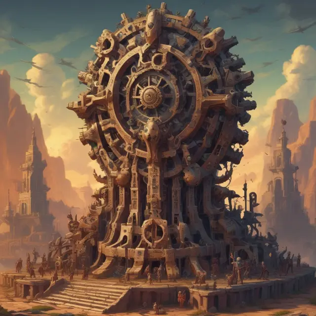 An imposing fortress crafted from interconnected gears and chains is protected by a monopolistic phoenix, representing barriers to entry in mature industries