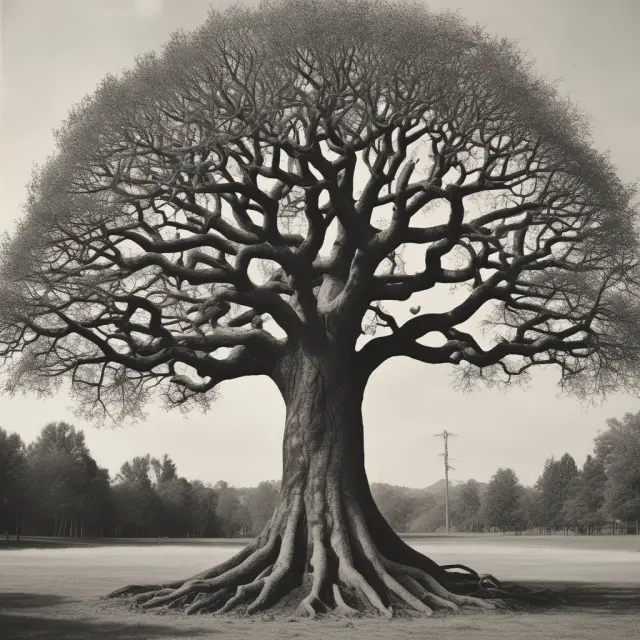 A seasoned tree symbolizing mature industries, with deep roots representing slow growth and strong foundations.