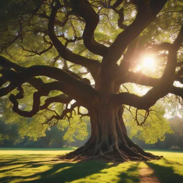 An ancient tree in a sunlit orchard, symbolizing the maturity and potential for innovation within industries