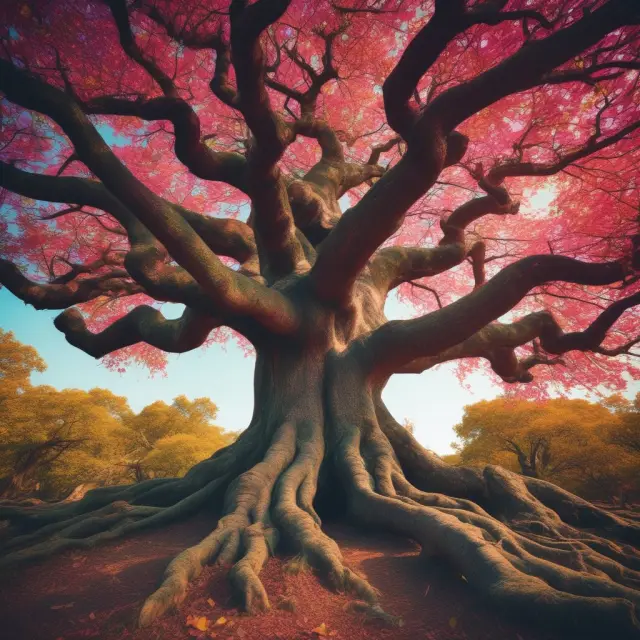 A large, ancient tree with vibrant branches symbolizing mature industries contributing to employment, Gross Domestic Product (GDP), and exports in a diverse economy