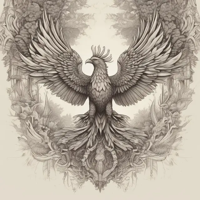 An ancient phoenix soaring above mature industry trees, representing resilience and renewal in the face of competition