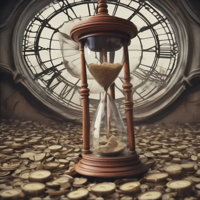 An intricate clock tower with various hourglasses striking it, representing diverse financial instruments and their maturity dates